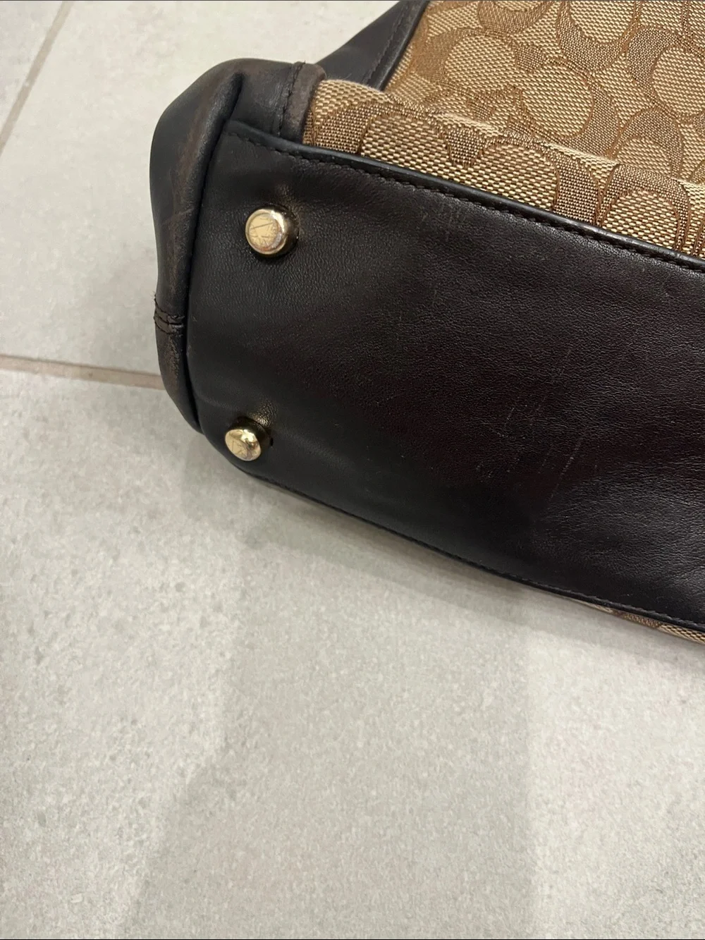 Coach Brown Signature Canvas Shoulder Bag with Brown Leather Trim
